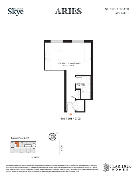 Floor plan for studio, 1 bath, 495 sqft